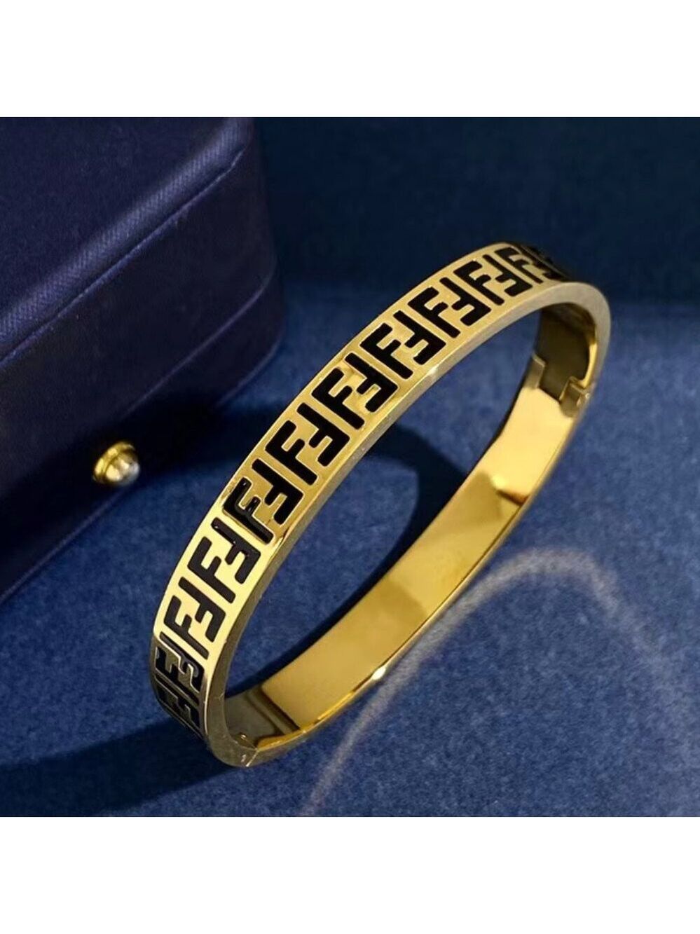18K Gold Plated Titanium Steel Double F Design Bangle, Black Lettering